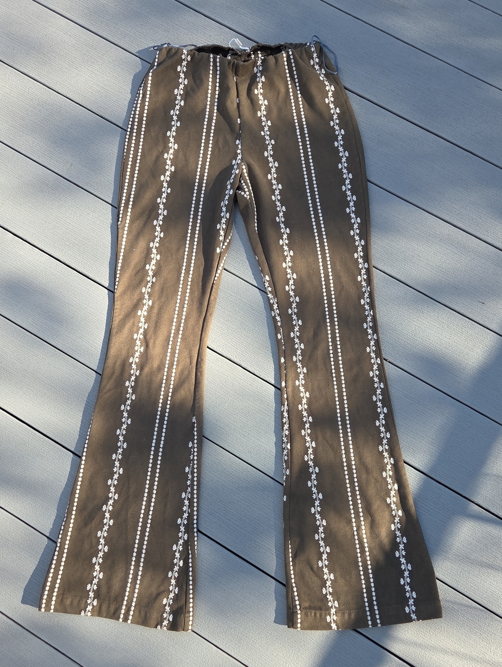 Wild Honey Olive Brown Boot-Cut Pants with White Embroidered Stripes